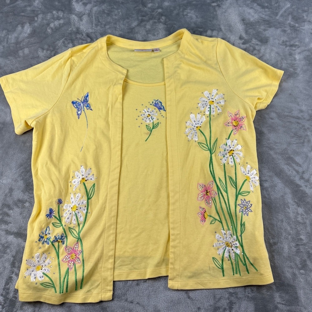 Quacker Factory Twin Set Womens 1X Floral Embroidery Yellow Rhinestone EUC
